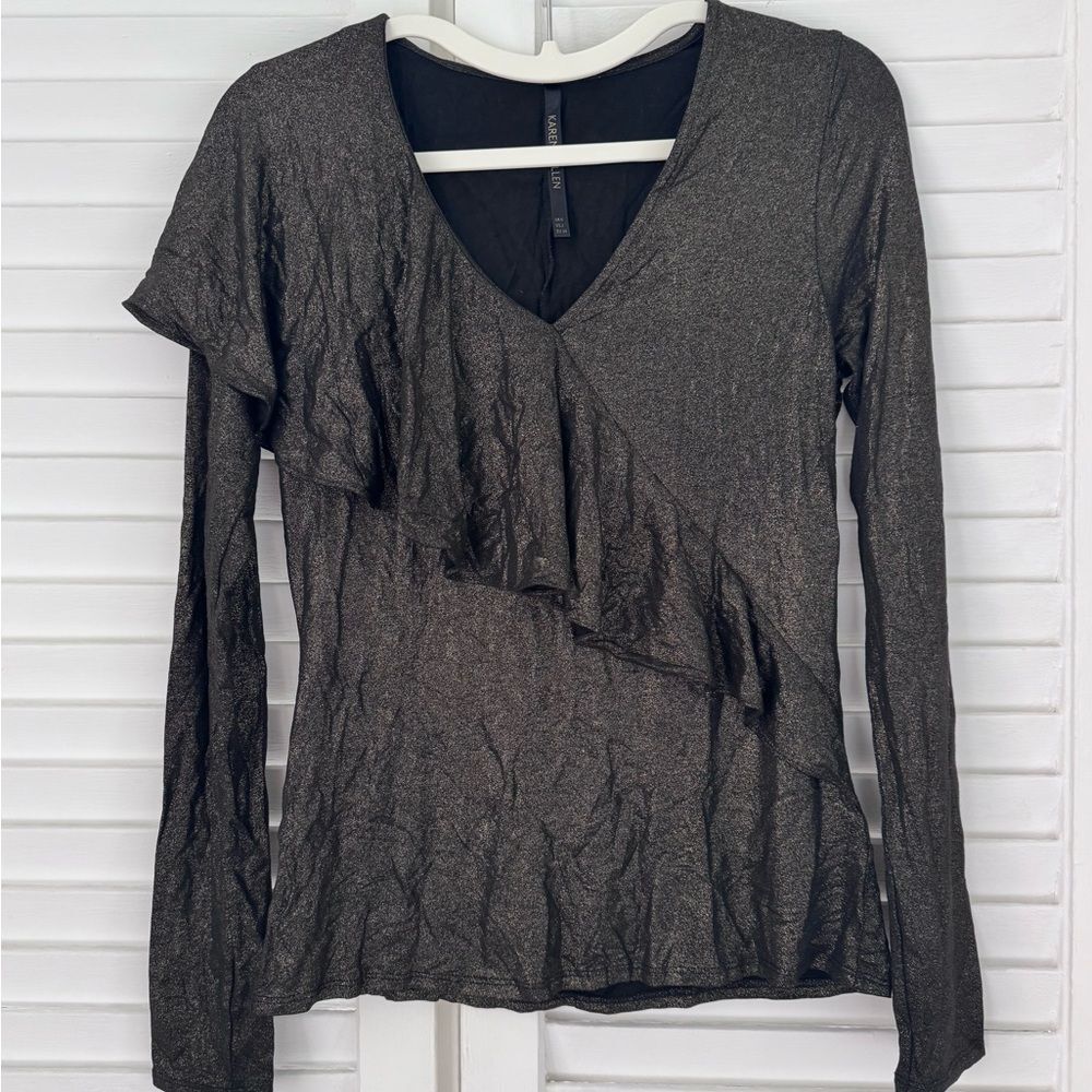 Karen Millen Long Sleeve Metallic Ruffle Blouse in Black & Gold Shimmer